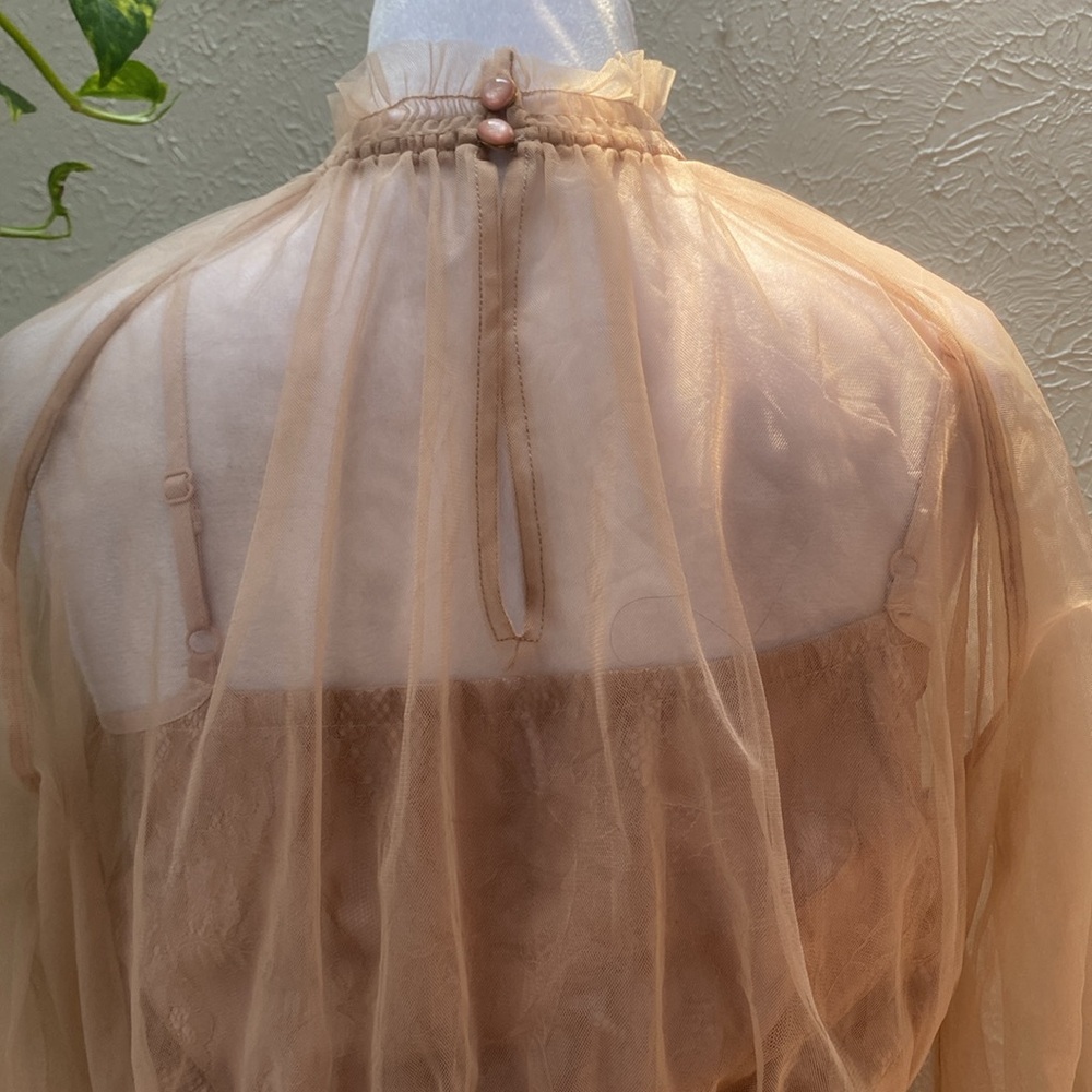 Lily Brown Mesh Elegant Sheer Tan Blouse, Light Brown Blouse,Strapless Blouse - Picture 7 of 12